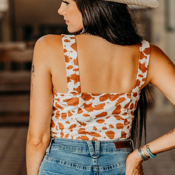 LARGE - Cow Print Cropped Tank Top With Functional Buttons - Ships within 24 Hrs - Picture 3 of 3
